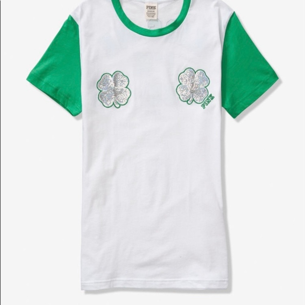 Pink Victoria’s Secret Bling Sequin Shirt Size Extra Small St Patricks Day Logo - Picture 5 of 16